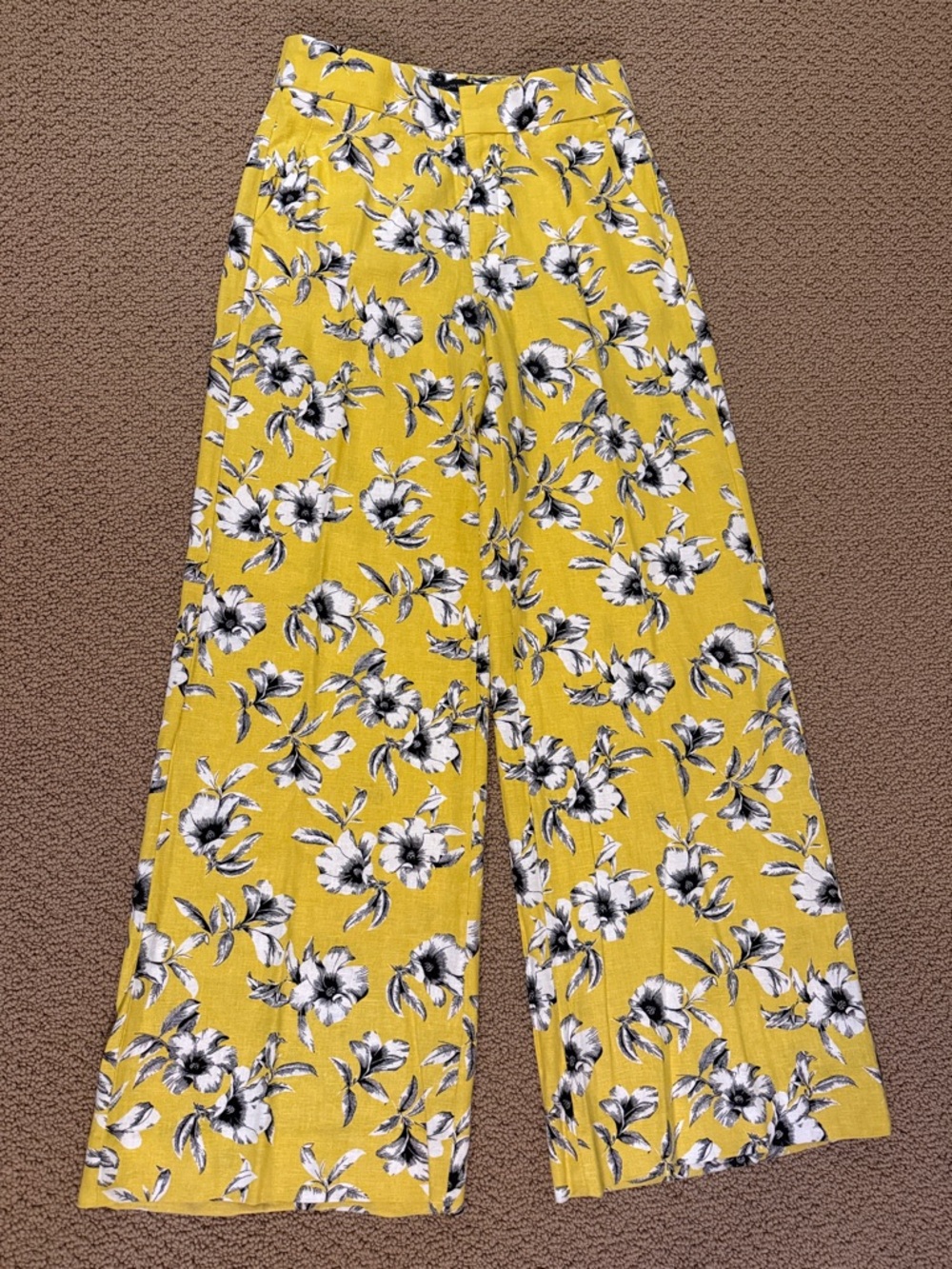 Banana Republic Yellow Floral Pants with Black and White Print